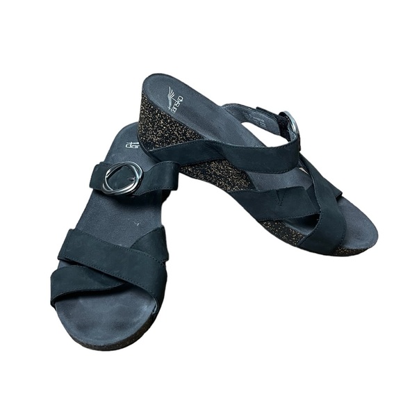 Dansko Susie Black Milled Nubuck Strappy Buckle Cork Wedge Sandal Size 42 - Picture 2 of 10